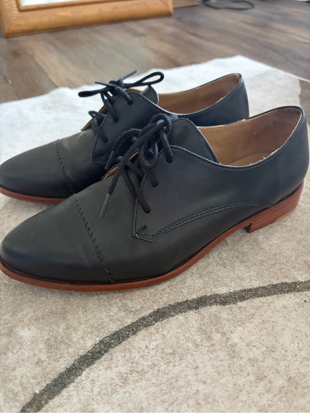 Nisolo Black Leather Oxford Flats with Brown Soles
